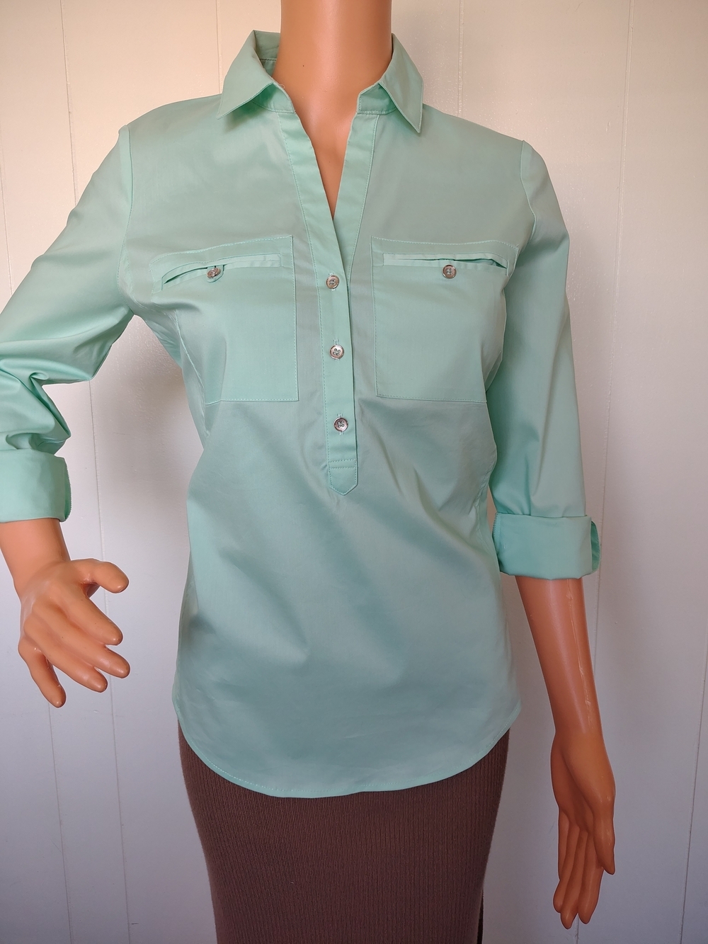 7 The Avenue New York & Company Mint Green Button-Front Collar Tunic Shirt
